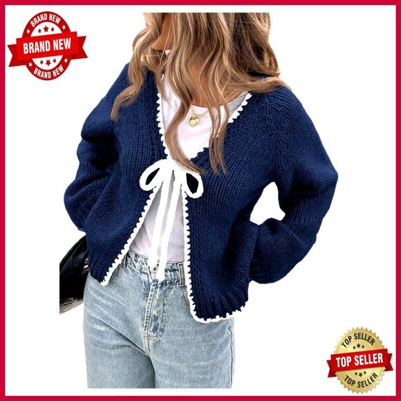 Sweaters - Tie Front Bow Cardigan Cropped Knit Sweater Long Sleeve Cozy Fall Fashion